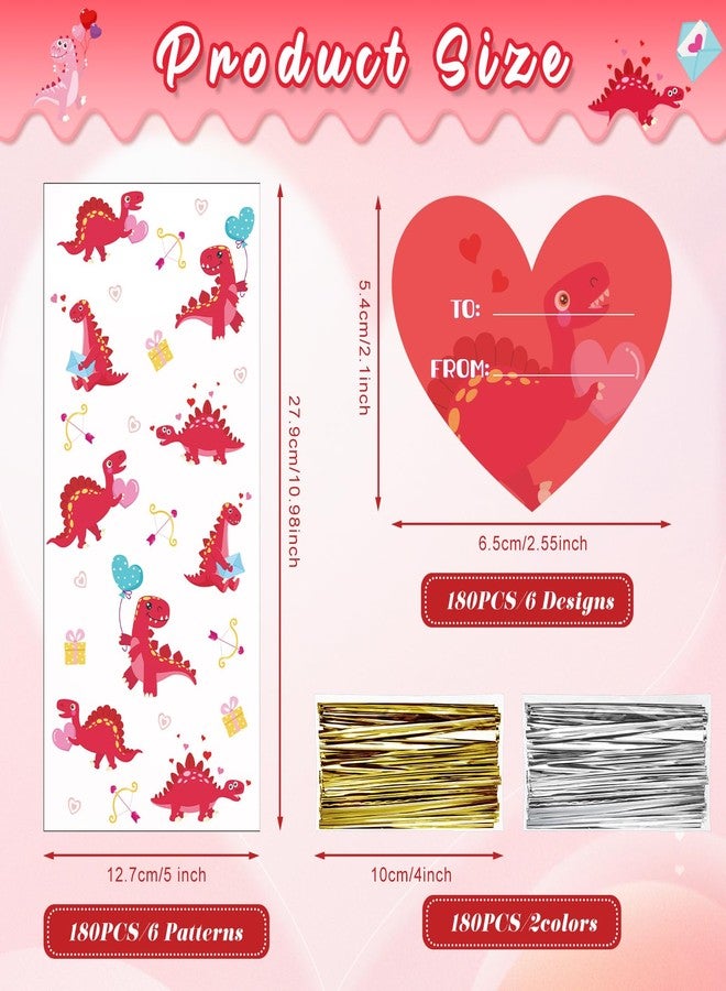 Tellingyou 180 Pcs Valentine's Day Cellophane Bags Bulk, Dinosaur Sweet Plastic Cello Candy Goodie Treat Bag with Heart Tag Twist Ties for Party Favors Warp - Image 2